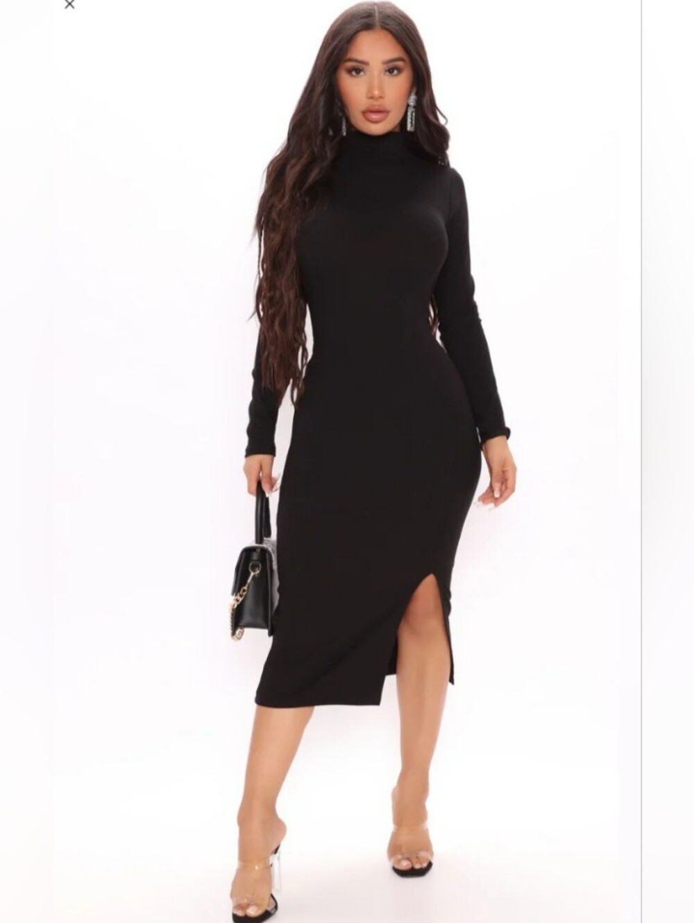 Fashion Nova Black Long-Sleeve Turtleneck Midi Dress NWT
